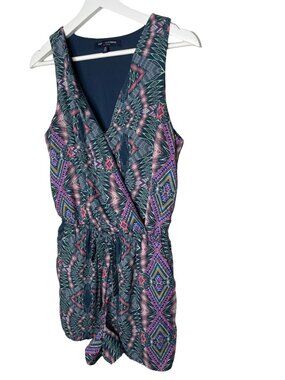 One Clothing Women’s Small Boho Romper Blue Pink Aztec Print Sleeveless Summer